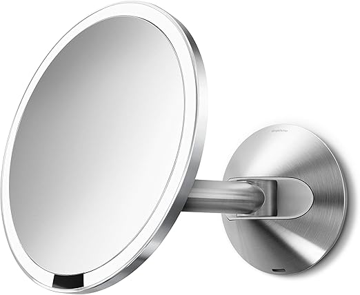 simplehuman 8" Sensor Makeup Mirror, Wall Mount, 5X Magnification, Hard-Wired (100-240v), Polished Stainless Steel