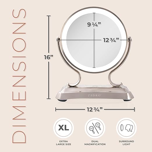 Zadro 12" Glamour LED Makeup Mirror with Lights and Magnification 5X/1X Touch Control Mirror with Lights for Makeup Desk (X-Large | 12" W x 16" H | Satin Nickel)