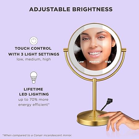 Conair Lighted Makeup Mirror, Double-Sided LED Vanity Mirror with 1X/10X Magnification, 3 Light Settings, 3 Modes, 360° Rotation, Brushed Brass Finish