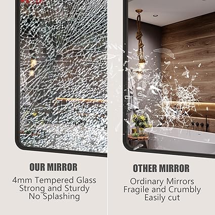 44x36 Inch Black Metal Framed Bathrrom Mirror for Wall, Black Matte Rounded Rectangle Bathroom Vanity Mirror, Anti-Rust, Tempered Glass, Hangs Horizontally or Vertically