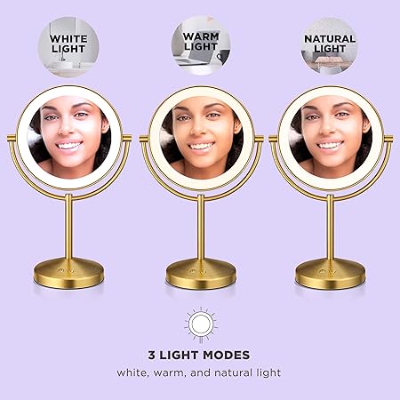 Conair Lighted Makeup Mirror, Double-Sided LED Vanity Mirror with 1X/10X Magnification, 3 Light Settings, 3 Modes, 360° Rotation, Brushed Brass Finish