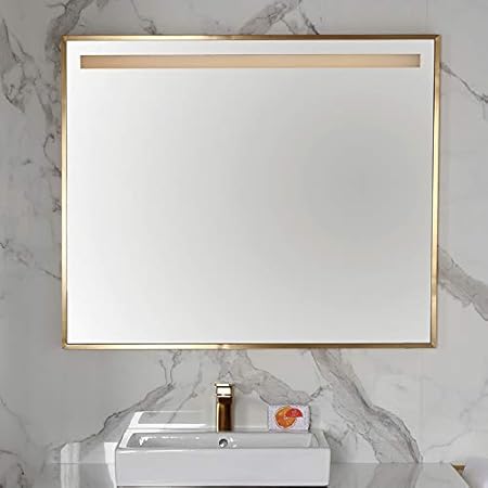 Wall-mount mirror in wooden or metal frame with LED light behind sand blasted frosted section on top. W:53", H:34", D: 2"., Silver Oak